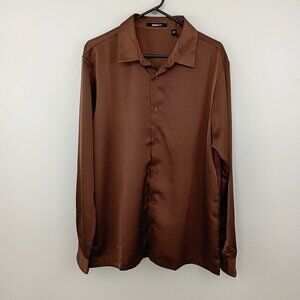 NovaMen Links Satin Long Sleeve Button Up Shirt Chocolate Size L NWT